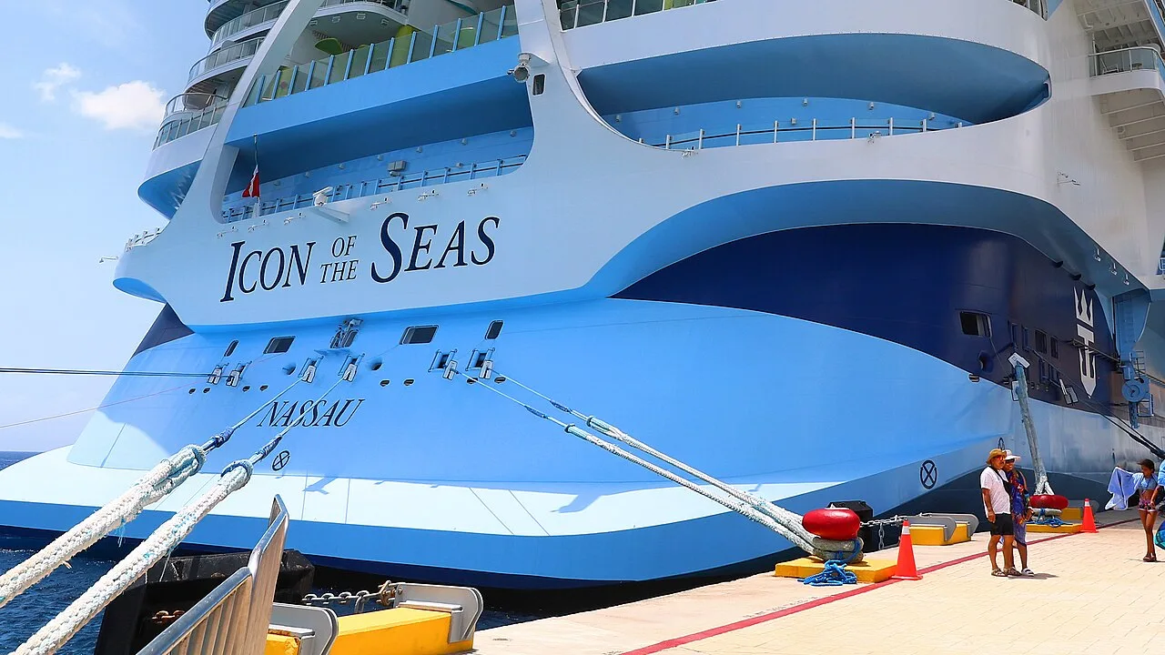 The stern of Icon of the Seas at Cozumel, Mexico, in 2024.